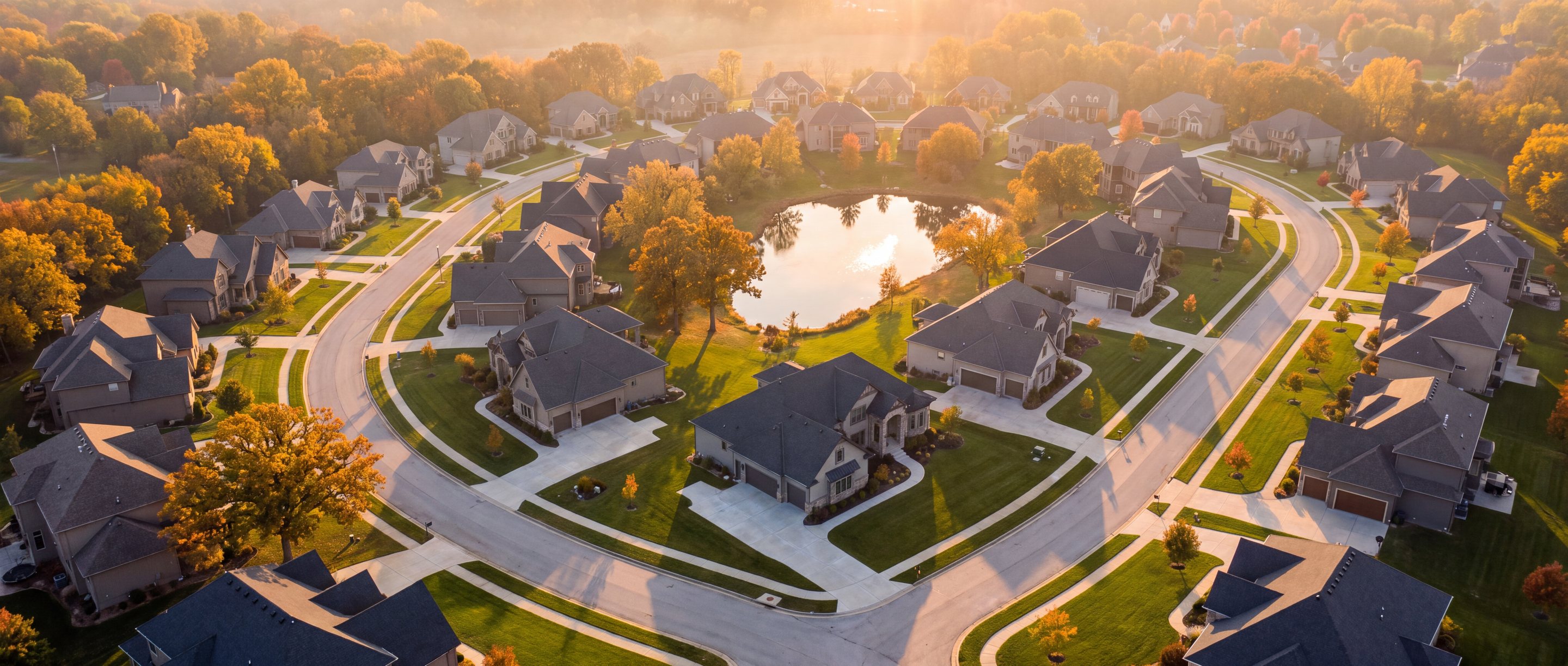 Aerial view of a Kansas City suburb at golden hour