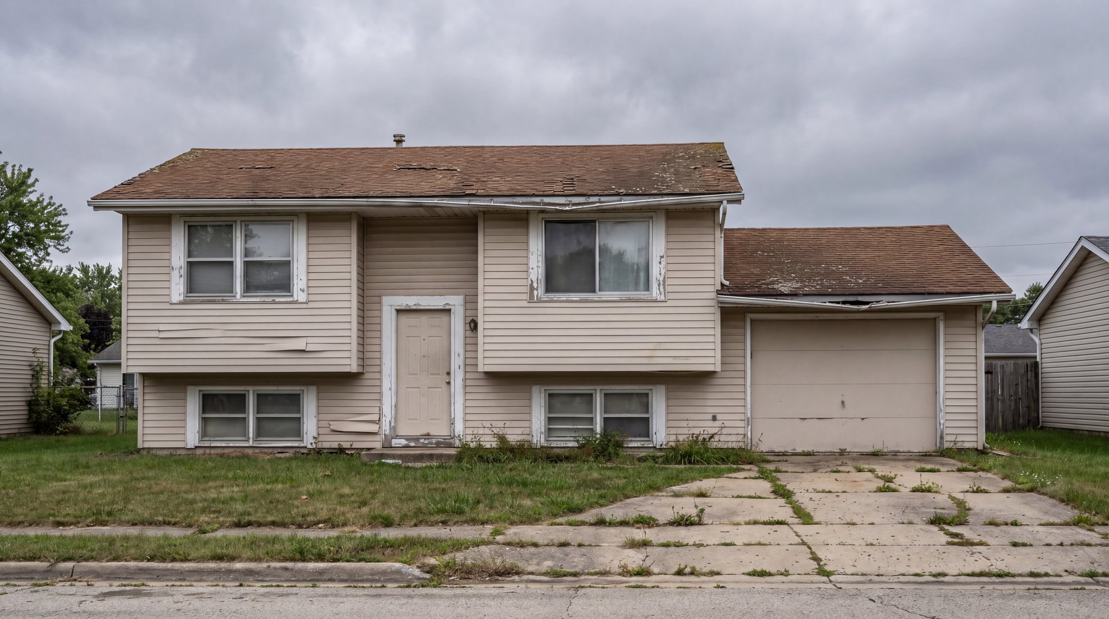 Before: faded 1980s split-level with worn siding and roof