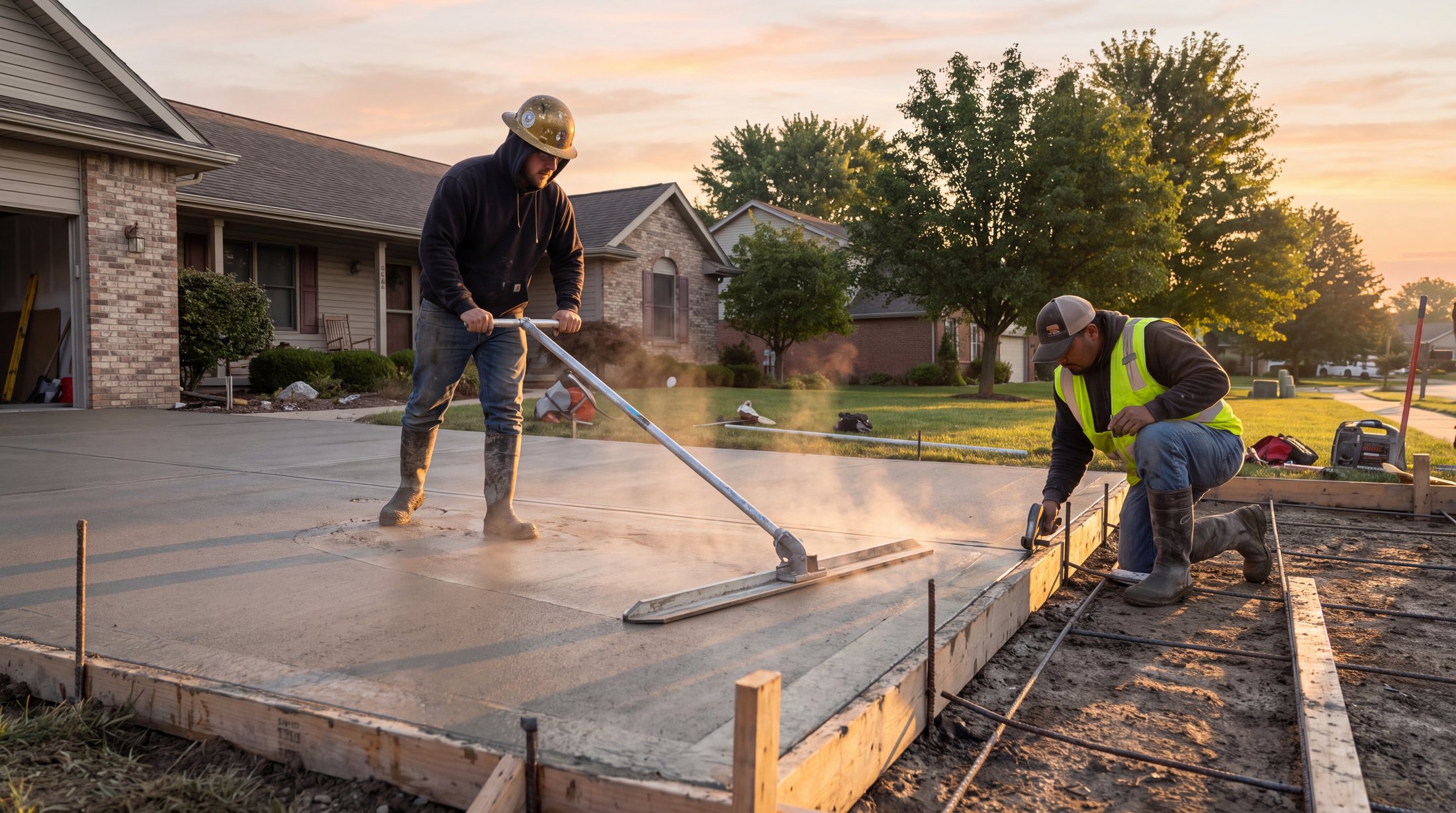 Crew finishing a freshly poured driveway