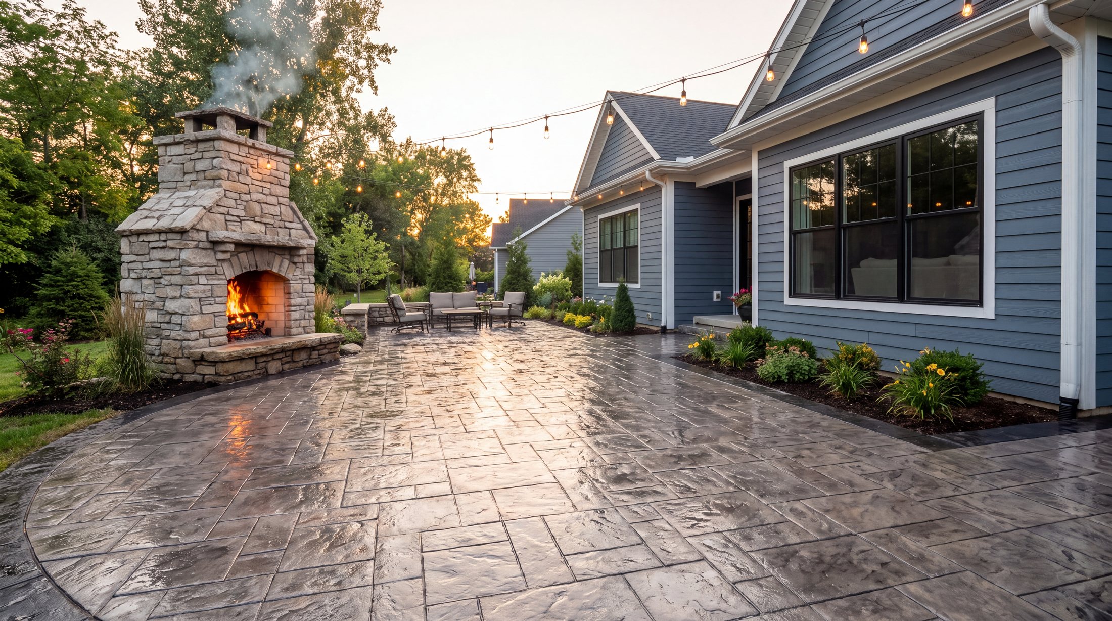 Stamped concrete patio with outdoor fireplace