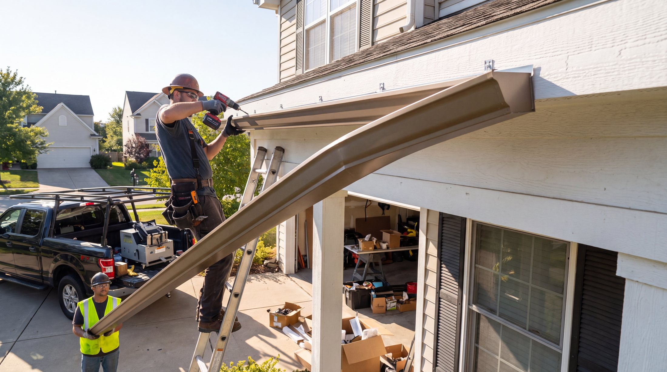 Crew installing seamless gutters