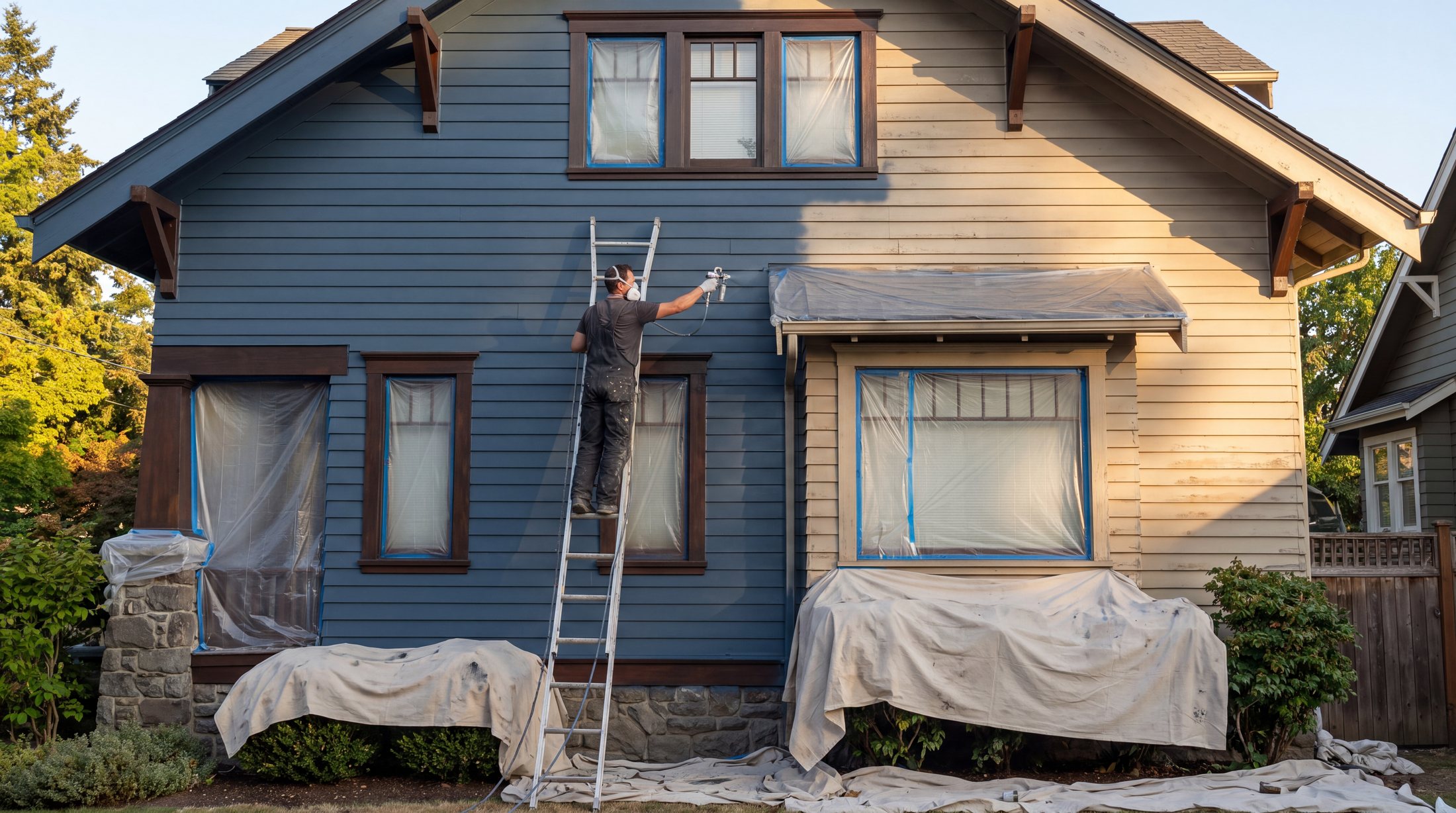 Painter spraying exterior siding