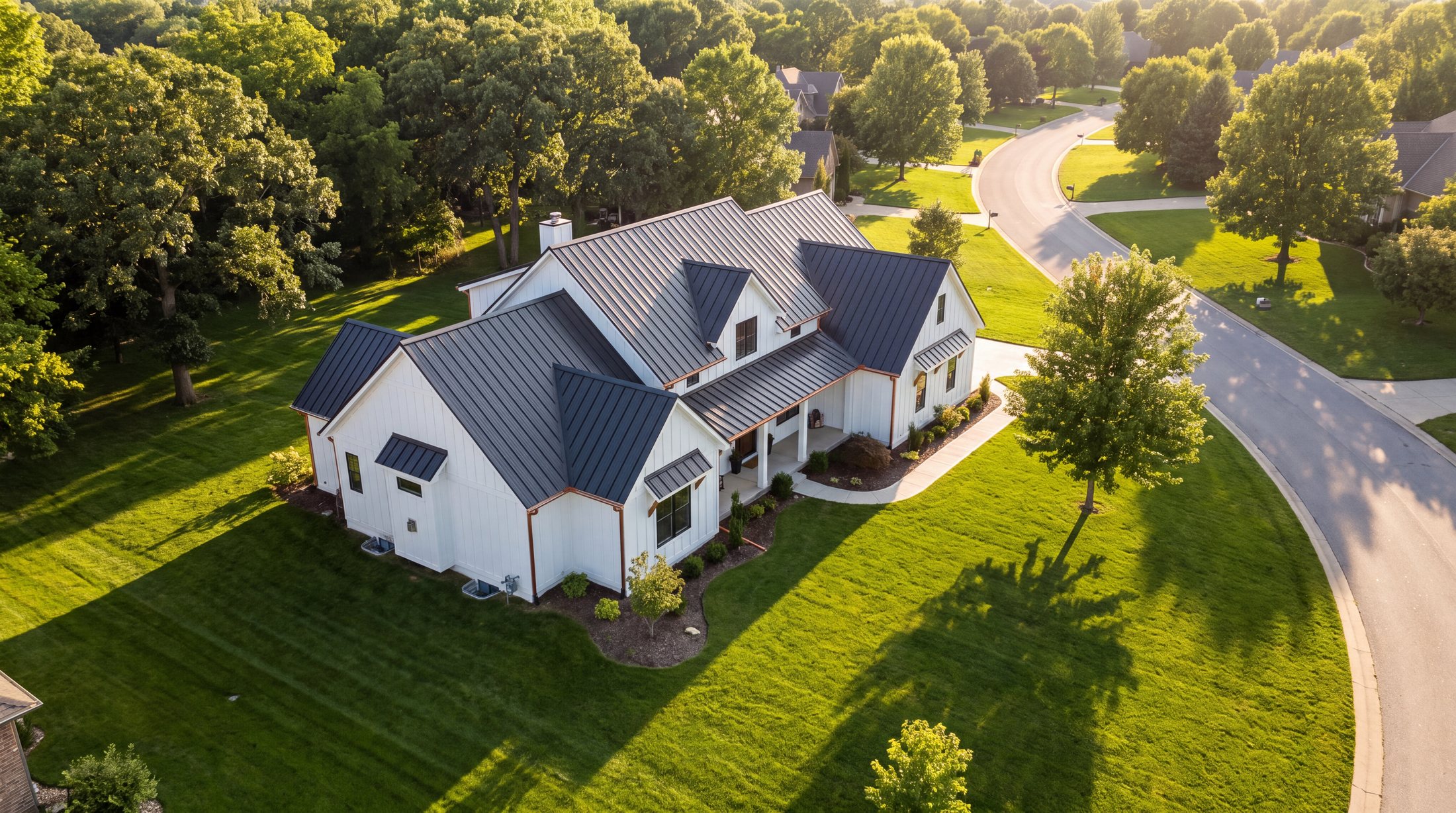 Aerial view of a new standing seam metal roof
