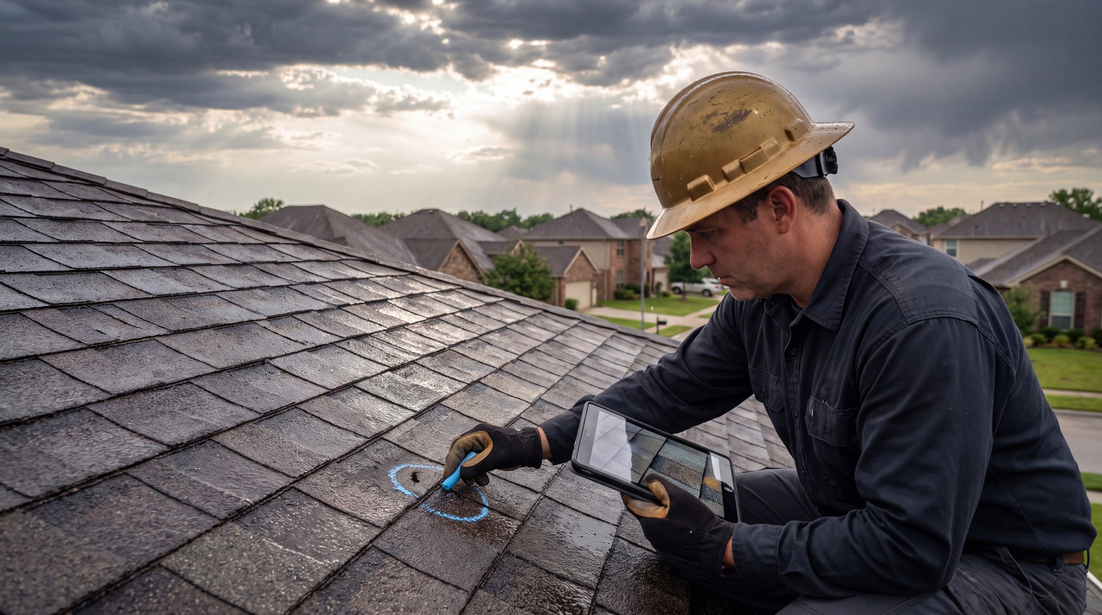 Roof inspector documenting hail damage