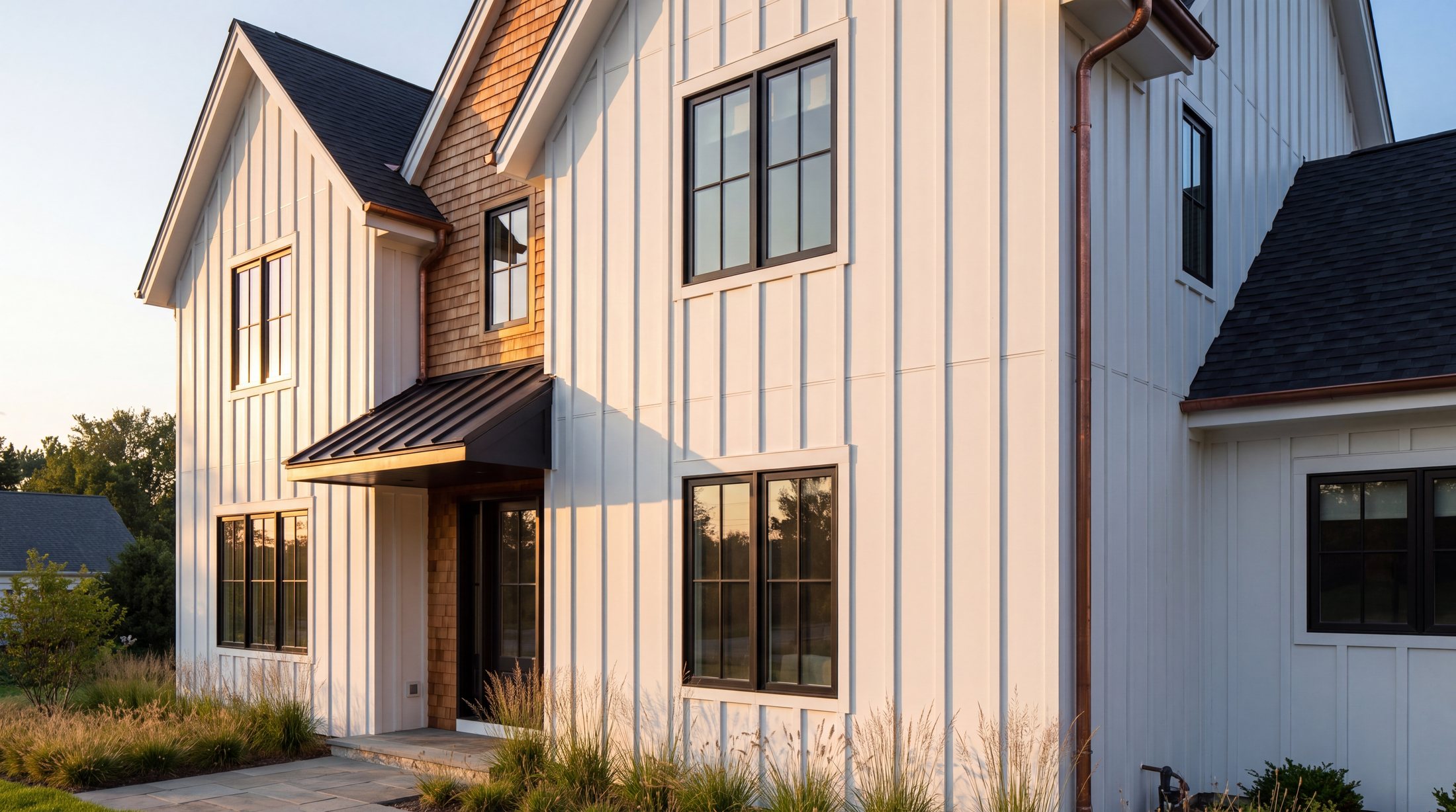 Board and batten siding with black windows