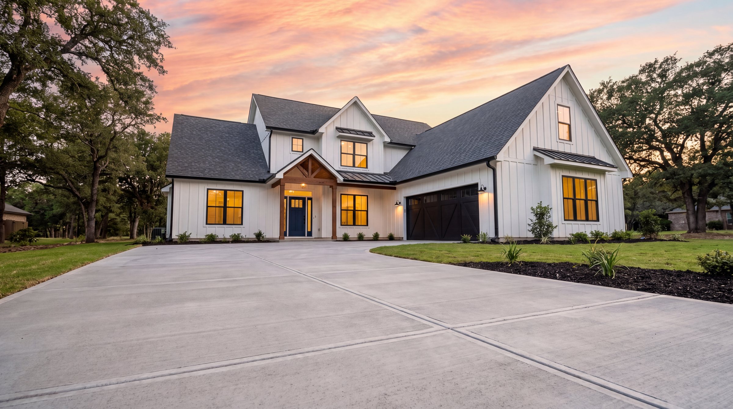 Modern farmhouse with new concrete driveway, asphalt shingle roof, seamless gutters, painted front door, board-and-batten siding and black windows — every trade Terra Alta Construction provides